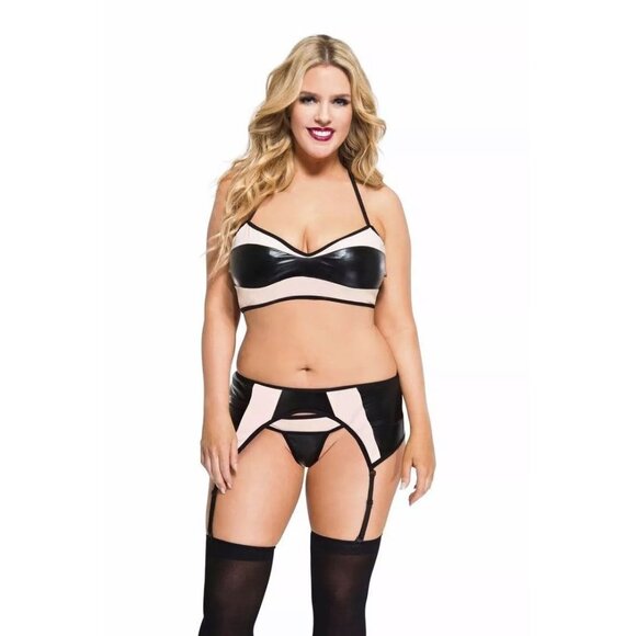 Plus Size Two Tone Wet Look Top With Garter Set Music Legs - Picture 1 of 3
